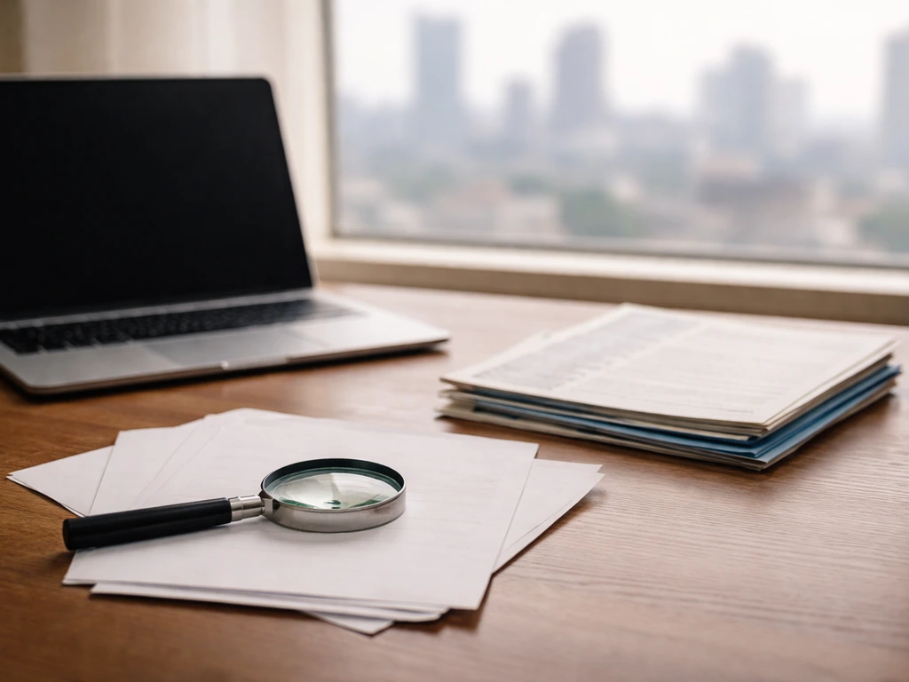 Close-up of an anonymous desk with deed papers and a magnifying glass, suggesting evidence-based net-worth research.
