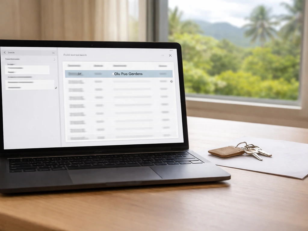 Laptop showing a blurred public property-records search results page with an anonymous parcel listing