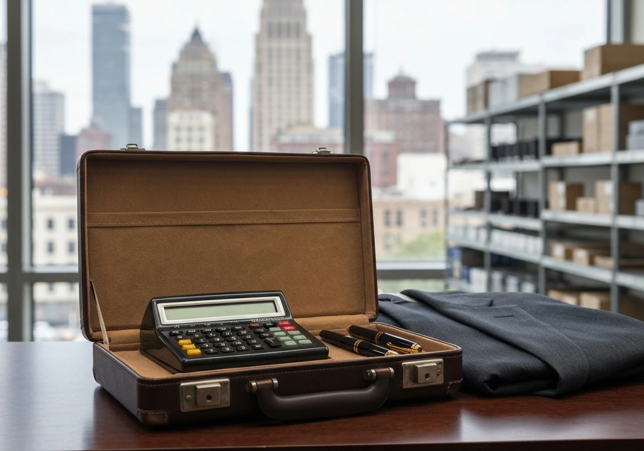 1970s businessman briefcase with calculator and pen beside a windowed office, evoking the Remington-era business context