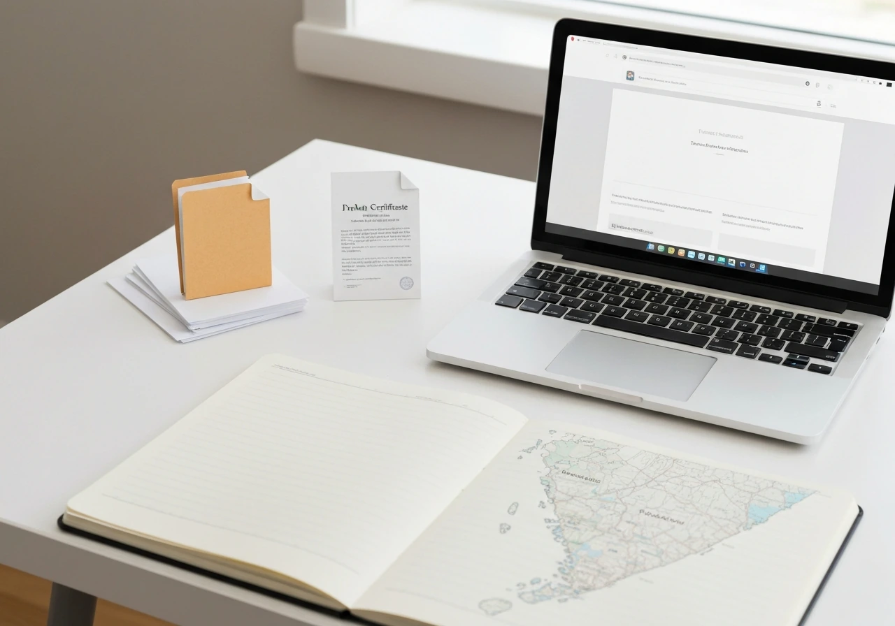 Minimal desk scene with laptop showing an unbranded probate homepage and paper icons for filings and certificates.