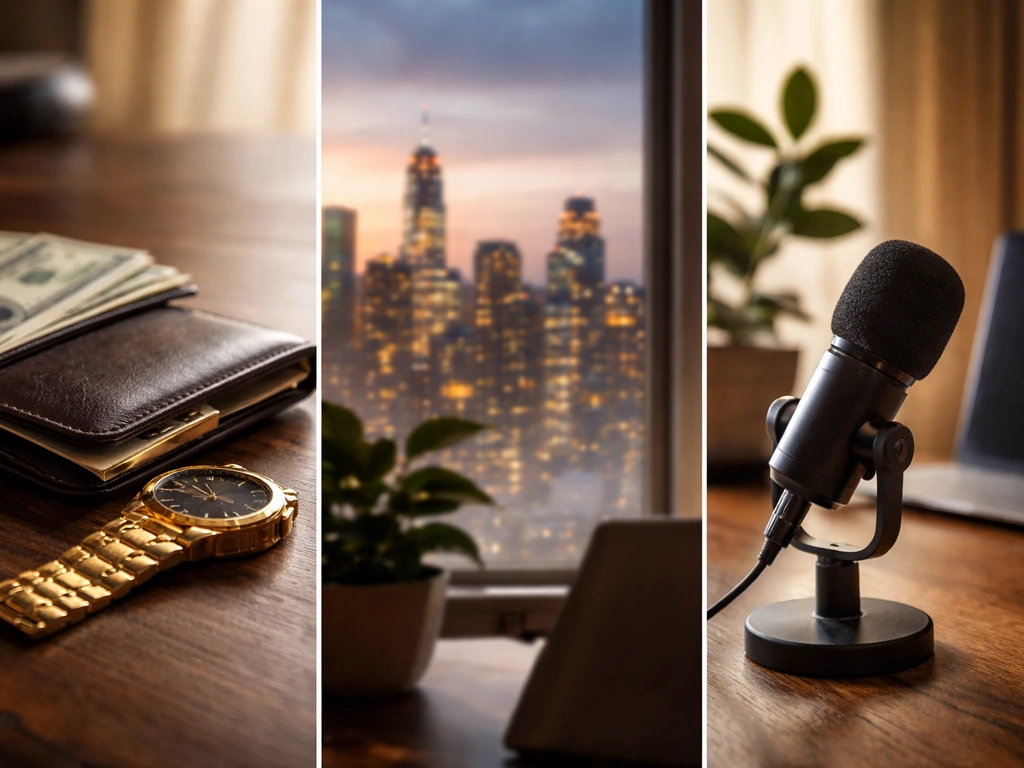 Collage-style desk and city scenes symbolizing money, business, and net-worth analysis.