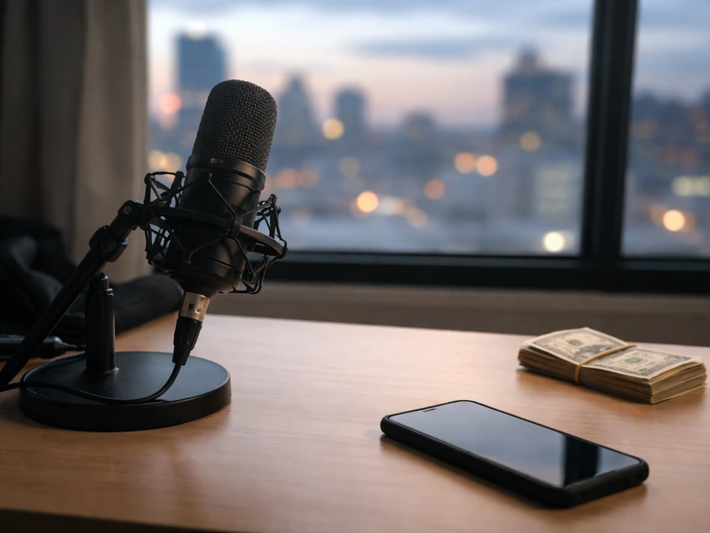 Anonymous media and finance scene: microphone on desk beside cash and a blurred city window at dusk.