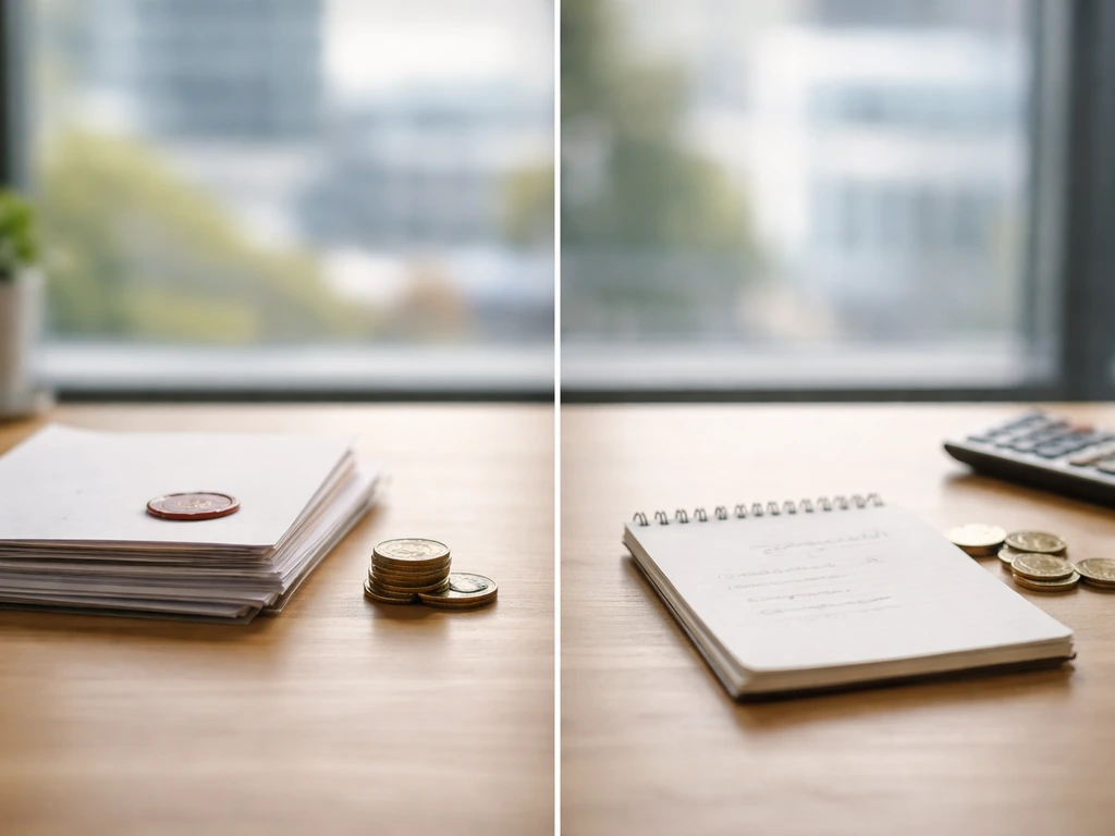 Minimal split-scene showing confirmed vs estimated with a generic notebook, coins, and a blurred newsroom backdrop