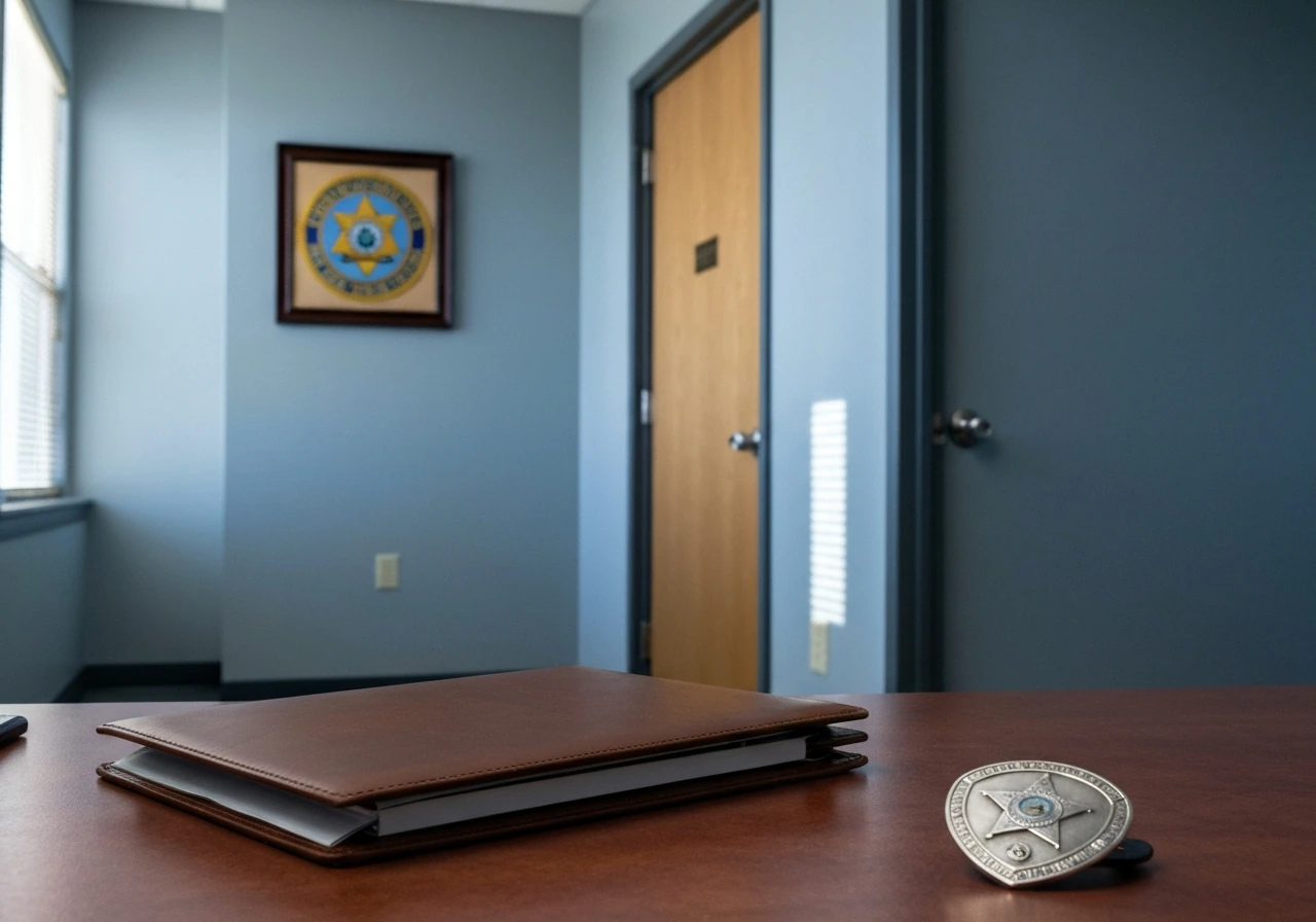 Empty sheriff office desk with a badge and leather folder, softly lit by daylight.