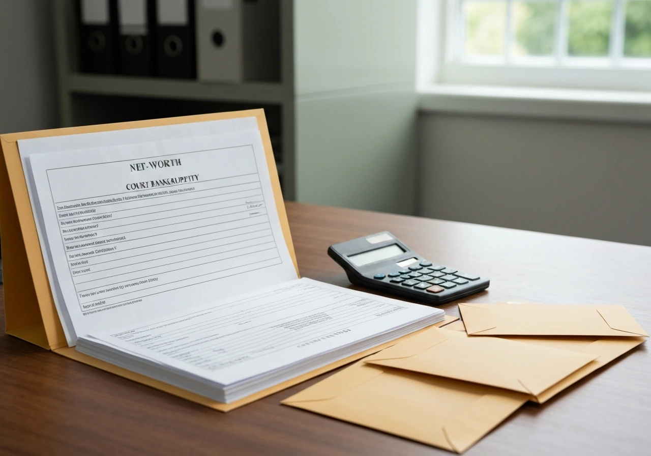 Open folder with bankruptcy-style paperwork beside a calculator and money envelopes on a desk