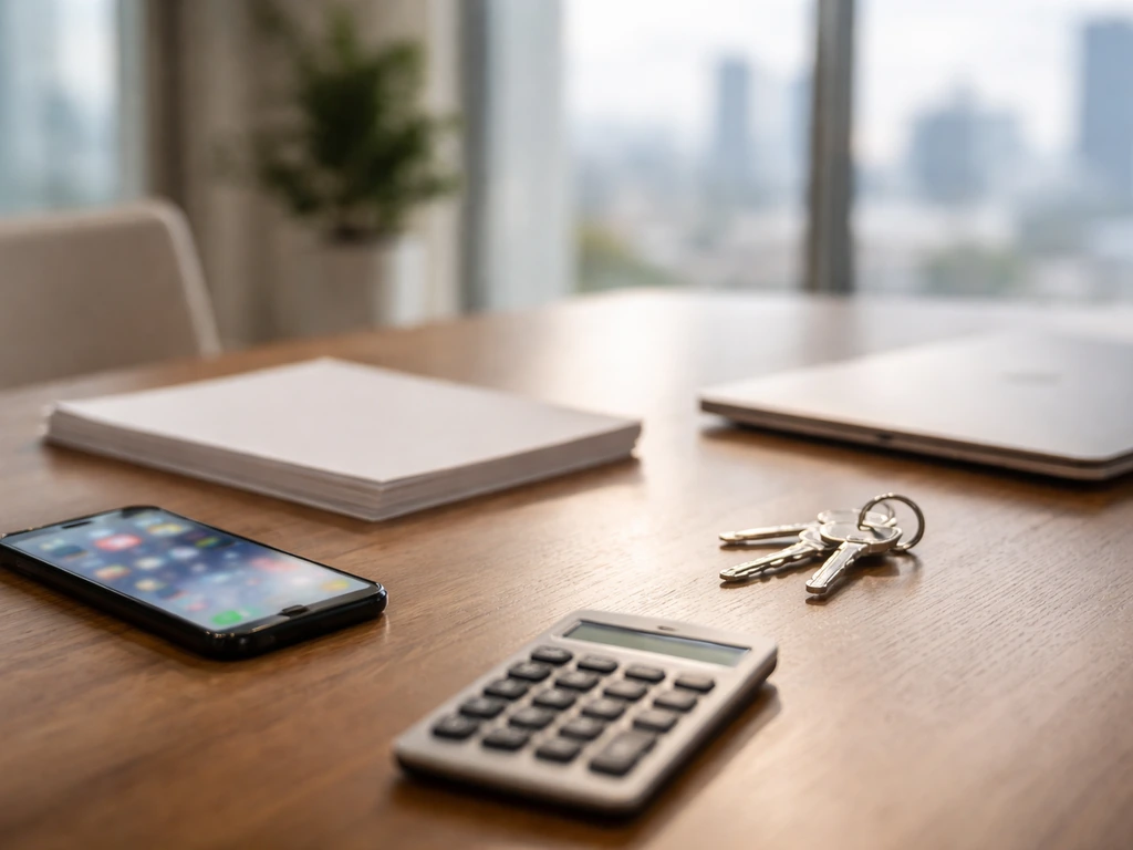 Minimal photo of a real-estate style desk with phone, calculator, and keys, suggesting wealth and coaching research.