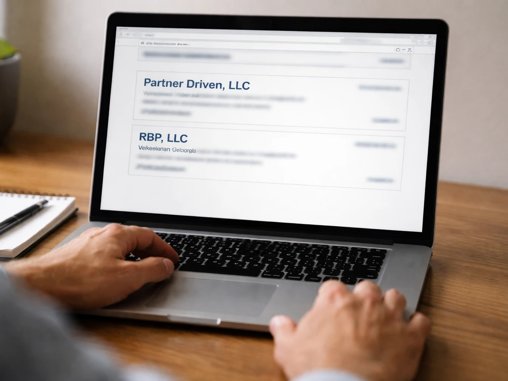 Close-up of a laptop screen showing blurred Georgia business entity search results with company entries