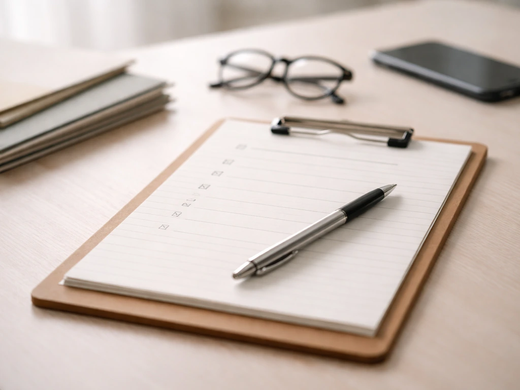 Minimal desk scene with a checklist notepad, pen, and document folders suggesting verified research methodology.