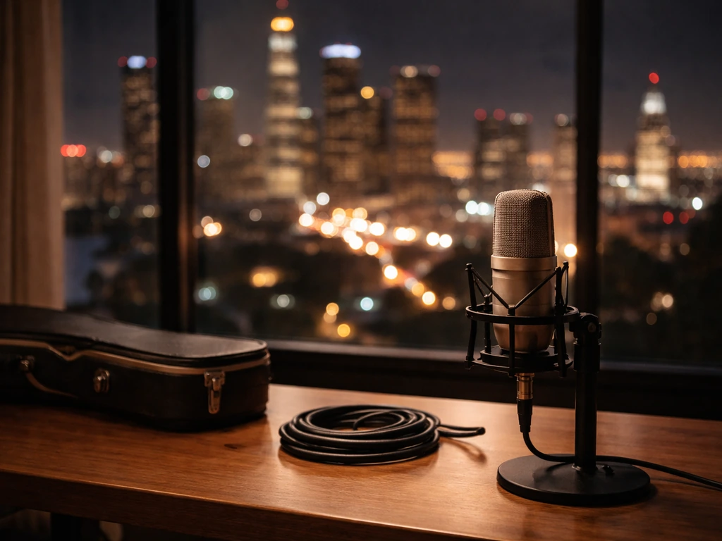Minimal photo of a microphone on a studio desk with moody LA city lights, symbolic entertainment and finance vibe.