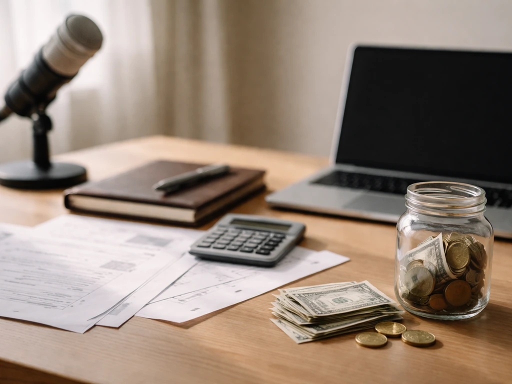 Minimal desk scene with microphone, calculator, and money jar suggesting a net worth range without any text.