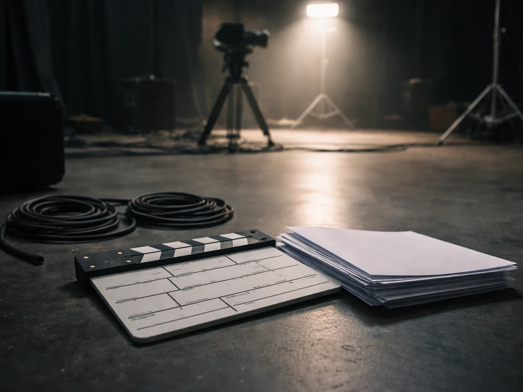 Unattended TV set with clapperboard, lighting rig, and camera tripod in a studio rehearsal space.