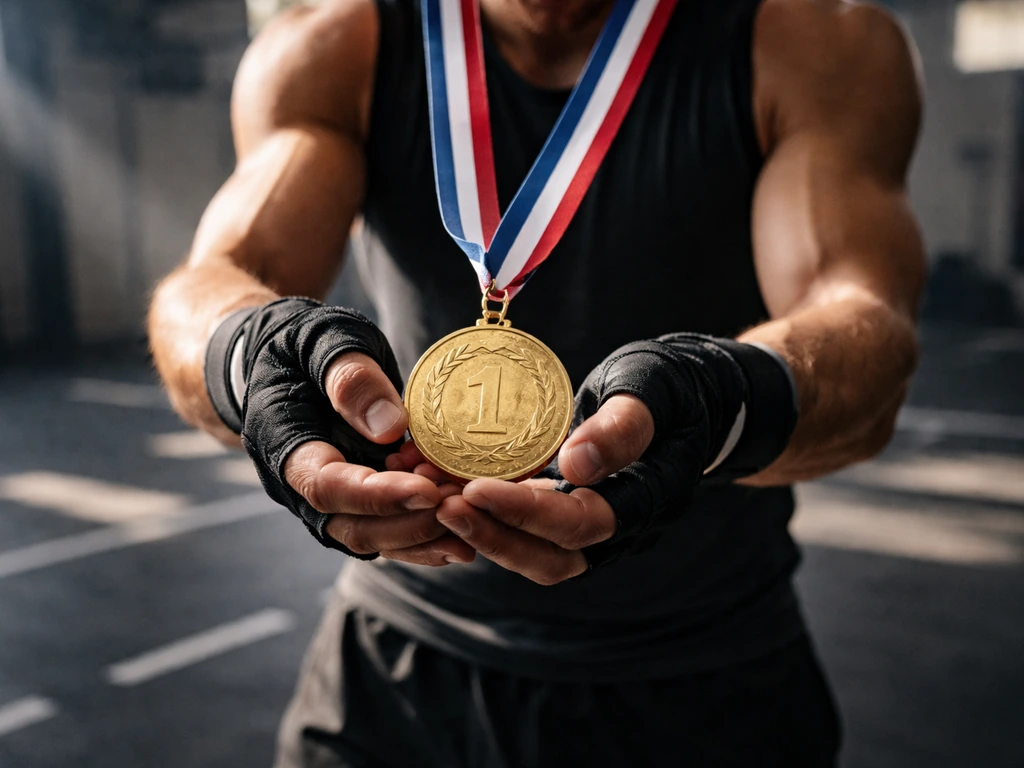 Gloved hands holding a gold-style medal in a minimal CrossFit competition setting.