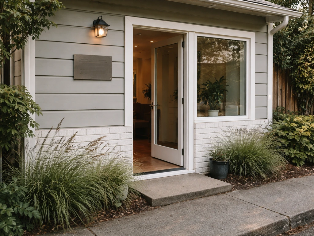Exterior view of a quiet chiropractic clinic entrance with natural greenery and subtle signage (no readable text).