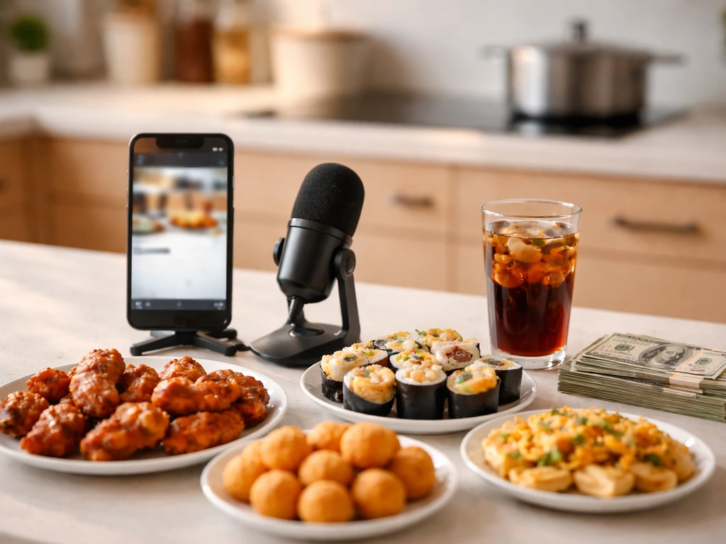 Minimal photo of a food challenge mukbang setup with a smartphone, microphone, and cash-like props on a kitchen counter.