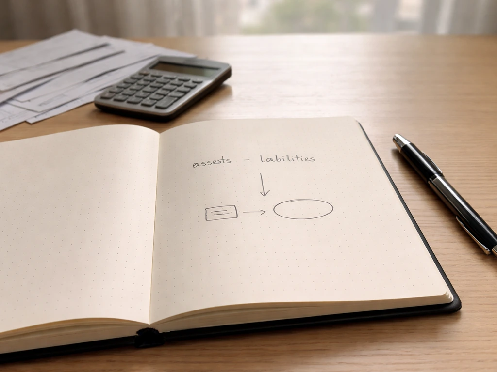 Minimal desk scene showing a calculator, envelopes, and a notebook with a simple assets-minus-liabilities equation