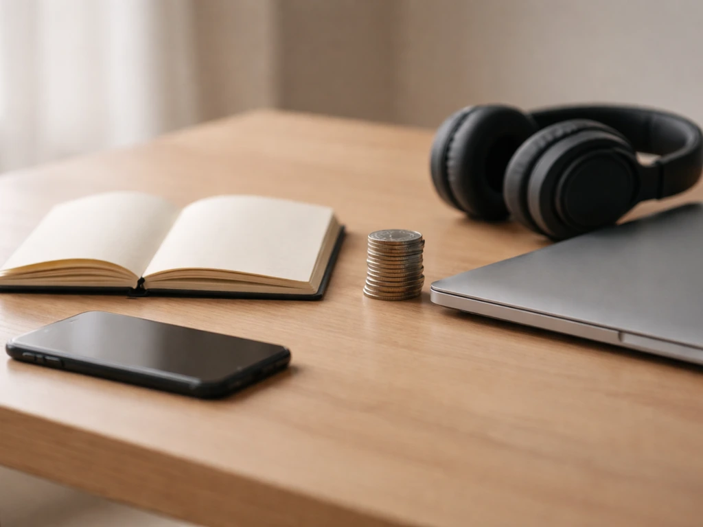 Minimal photo of a desk with a phone and notebook next to a coin, symbolizing earnings estimate verification.