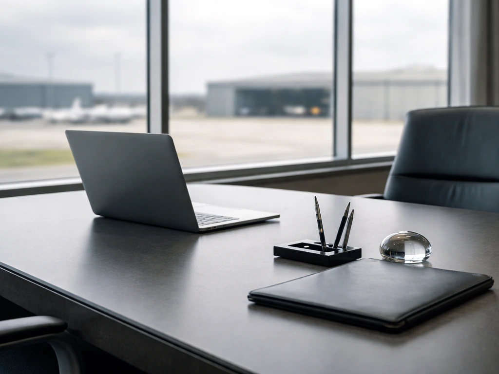 A minimal aerospace office scene with a conference desk, laptop, and blurred runway view symbolizing executive wealth.