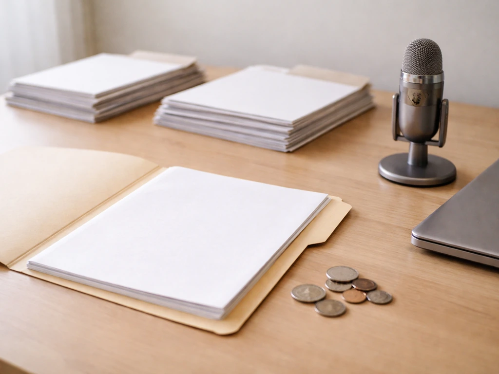 Minimal finance desk with laptop, folder, microphone, and documents suggesting compensation analysis.