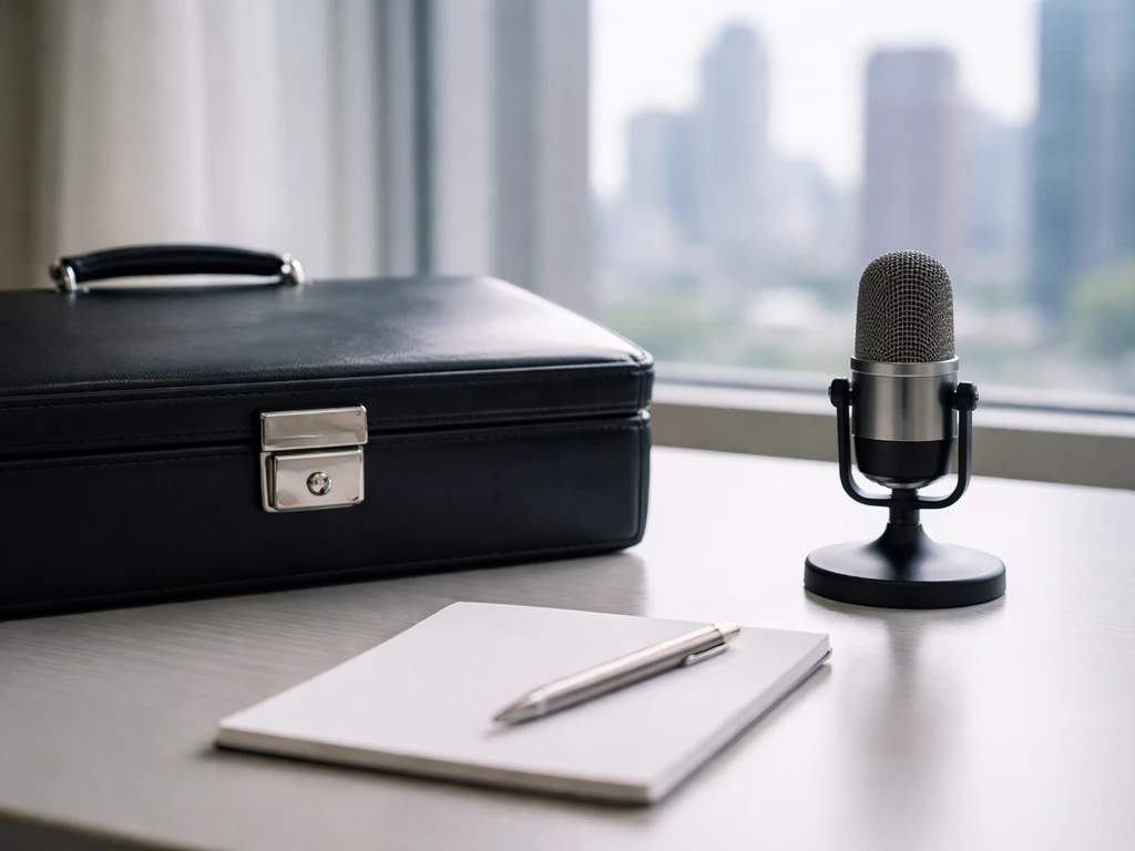 Minimal photo of a briefcase and a stock-broker microphone setup representing equity transactions analysis