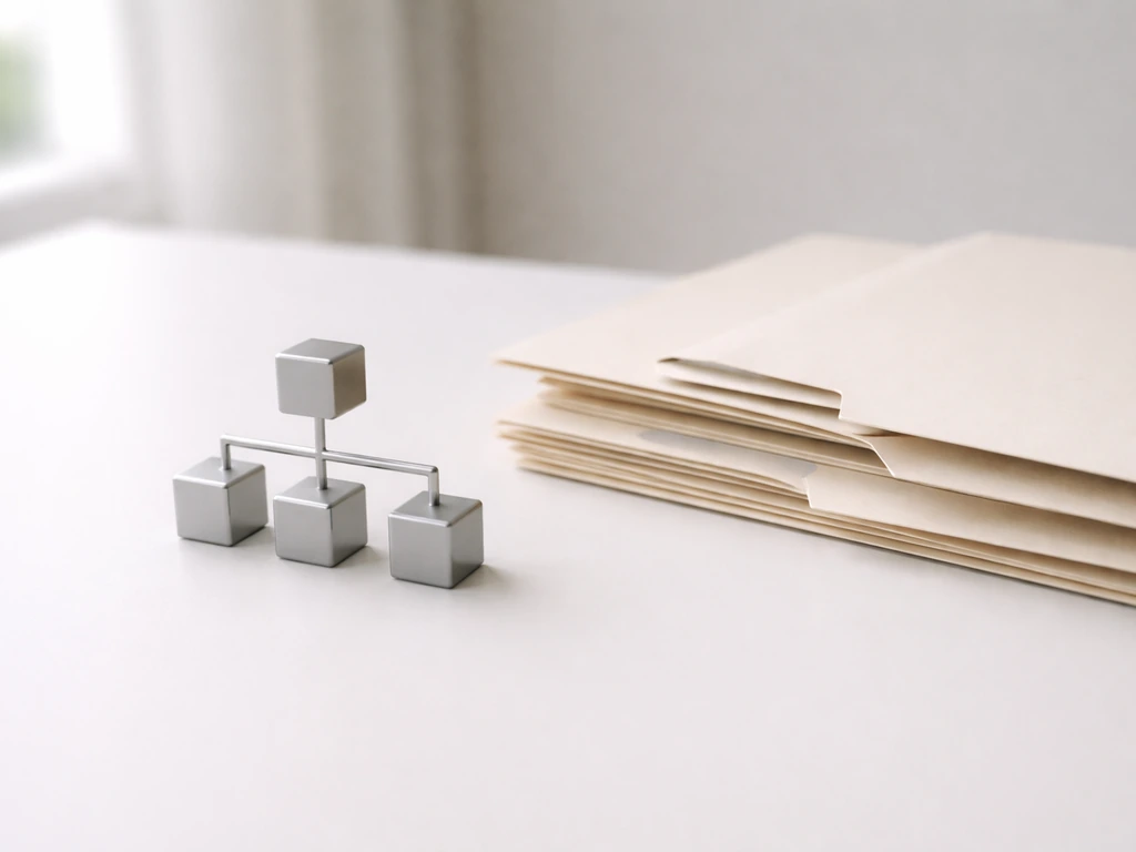 Minimal photo of a desk with blank document folders and a small model of connected ownership blocks