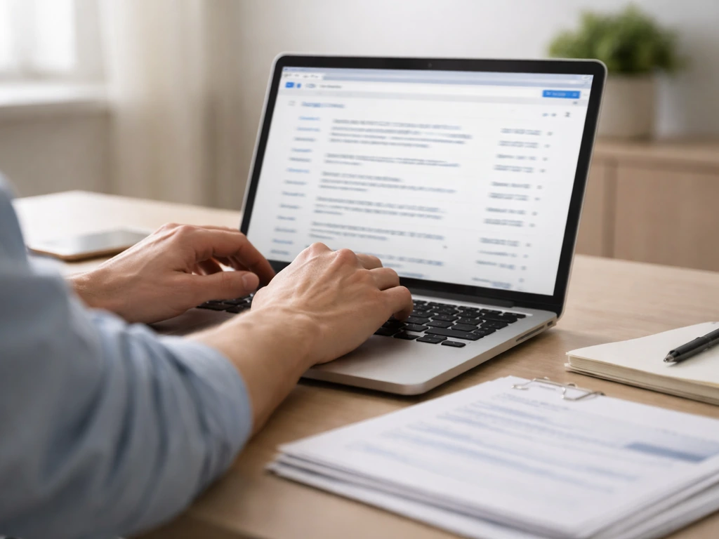 Hands on a laptop showing SEC EDGAR search, with a folder of financial documents beside it