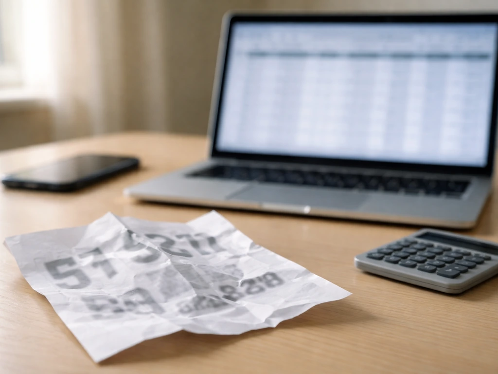 Desk scene showing a crumpled single printed page beside an open laptop with blurred finance data.