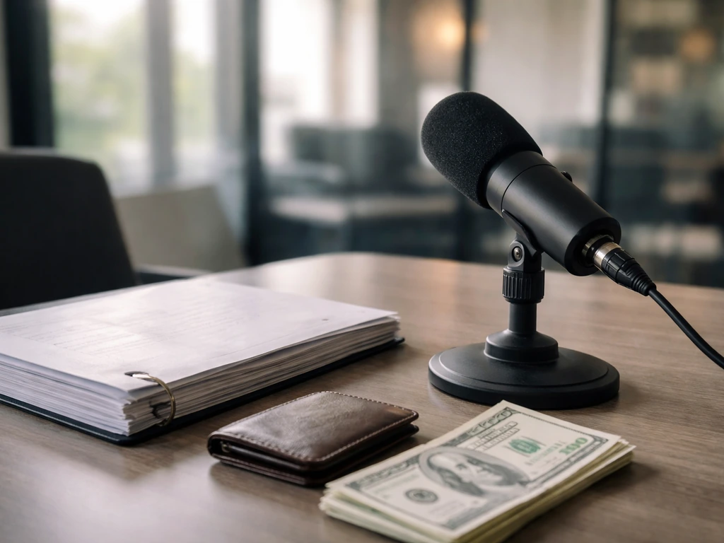 Anonymous film office desk with microphone and wallet, suggesting actor income and net worth analysis.