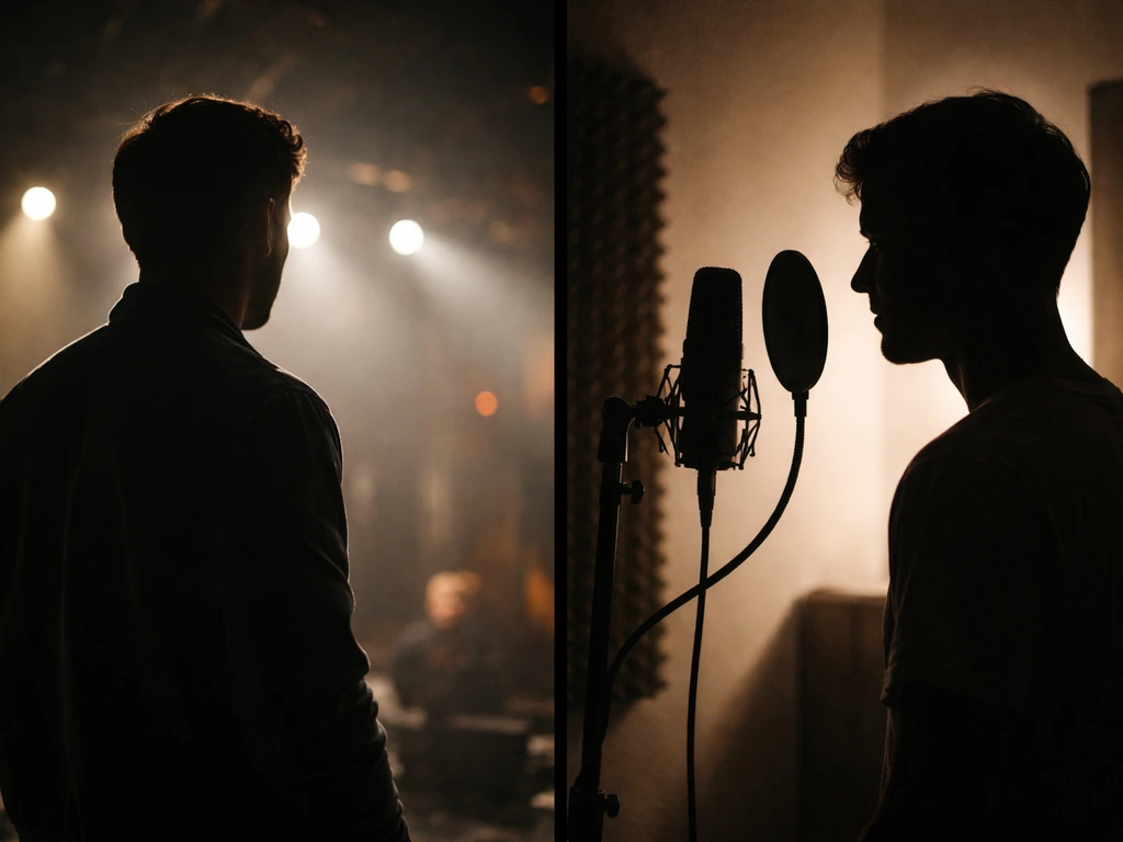 Two side-by-side film-themed portraits: an actor silhouette and a different man in a studio, no recognizable faces.