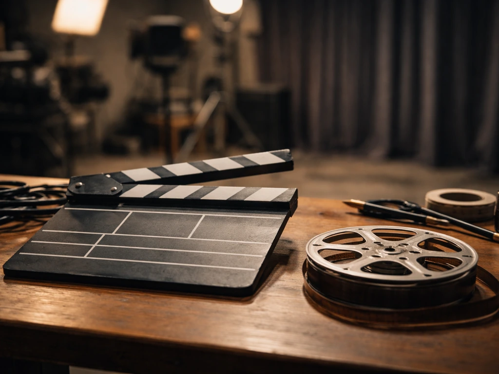 Vintage film clapperboard and 35mm reel on a studio table with soft, minimal background lights.