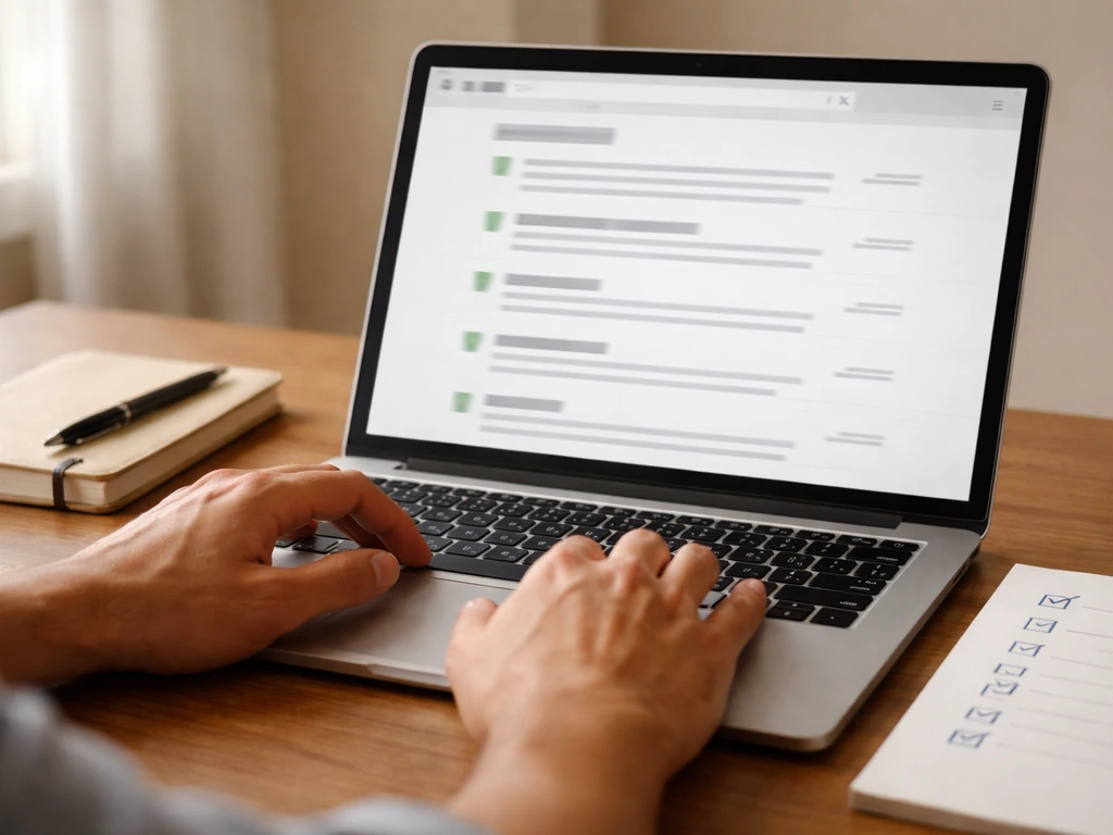 Anonymous hands reviewing a laptop with generic search results and a simple tick-mark checklist on a desk