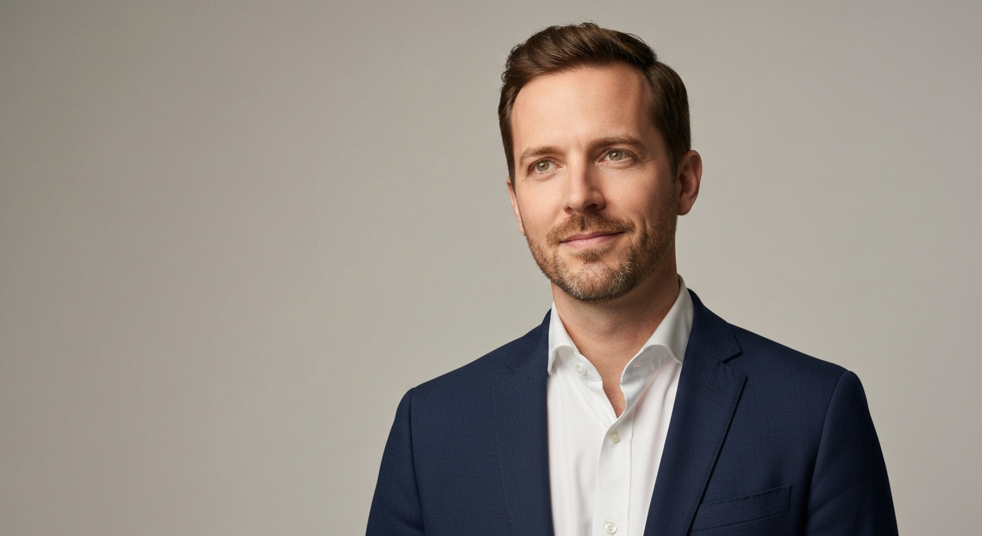 Illustration of Sam Volkering, financial author and crypto analyst, in smart-casual attire looking at the camera