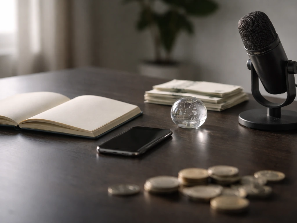 Minimal office desk with blank notebook, smartphone, and money-themed items suggesting a wide estimate range.