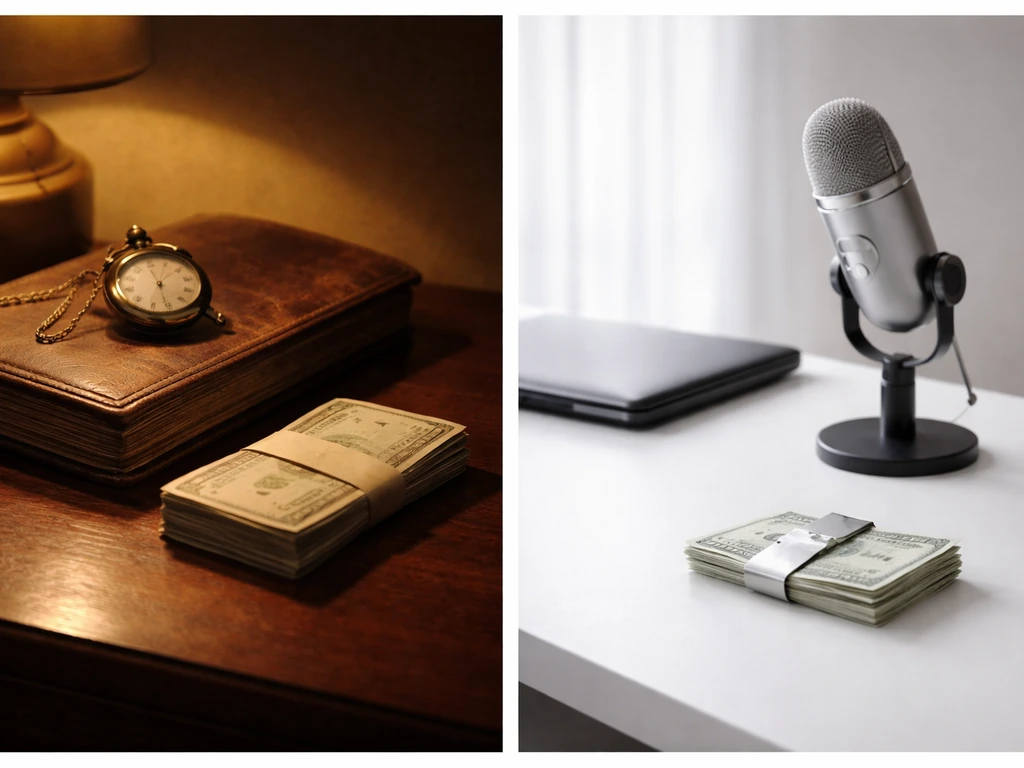 Side-by-side minimal desk scenes with vintage ledger and modern studio items implying shifting wealth eras.