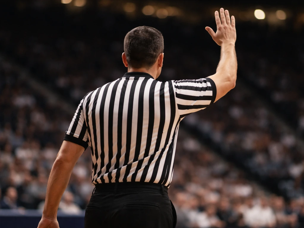 Referee silhouette on a basketball court with bright arena lights, evoking televised college games and money focus