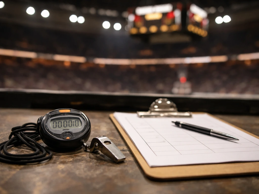 Close-up of basketball officiating tools on a table with a blurred arena scoreboard background.