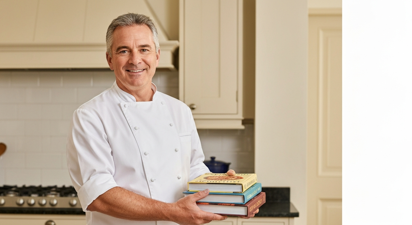 Illustrated portrait of a middle-aged British chef in a modern kitchen holding a cookbook titled 'Seriously Good'.