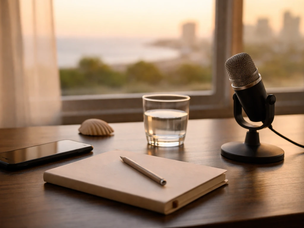 Minimal photo of a finance-focused desk with a microphone and ocean-themed detail, symbolizing income and public-record