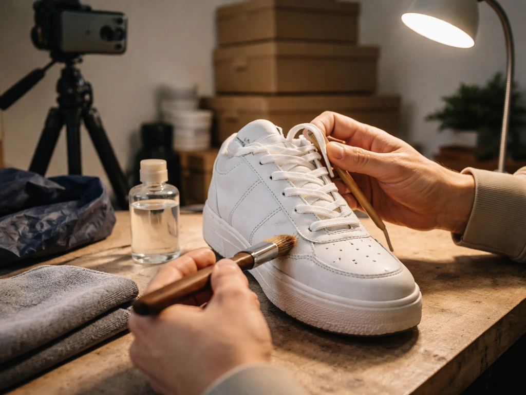 Hands restoring and customizing a sneaker in a small studio, hinting at a sneaker care brand presence.