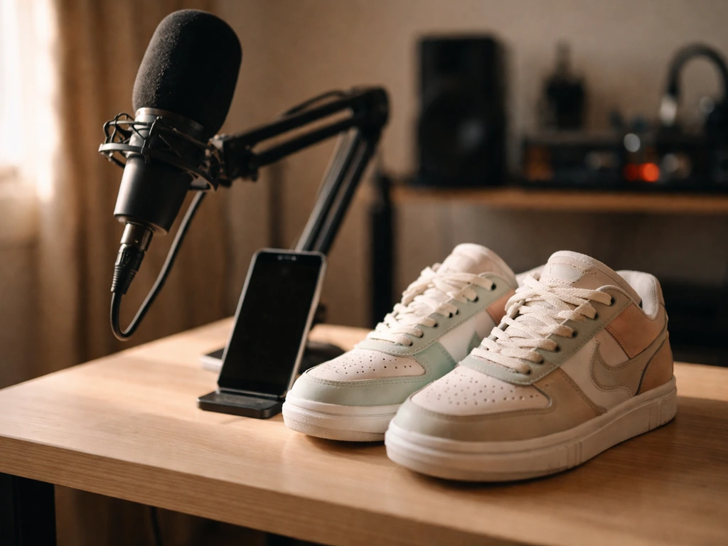 Minimal studio scene with a sneaker-themed setup suggesting on-camera sneaker content and monetization.