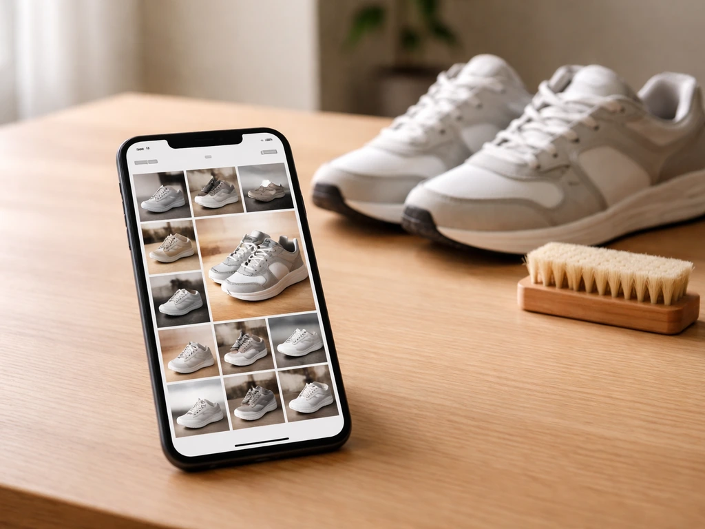 Minimal desk scene with smartphone displaying an Instagram-like sneaker sponsorship post grid.