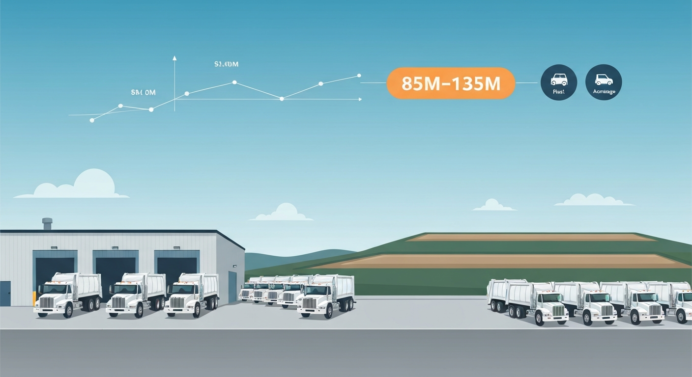Illustration of a regional waste-hauler depot and landfill with overlaid financial-graphics showing an estimated valuation range.