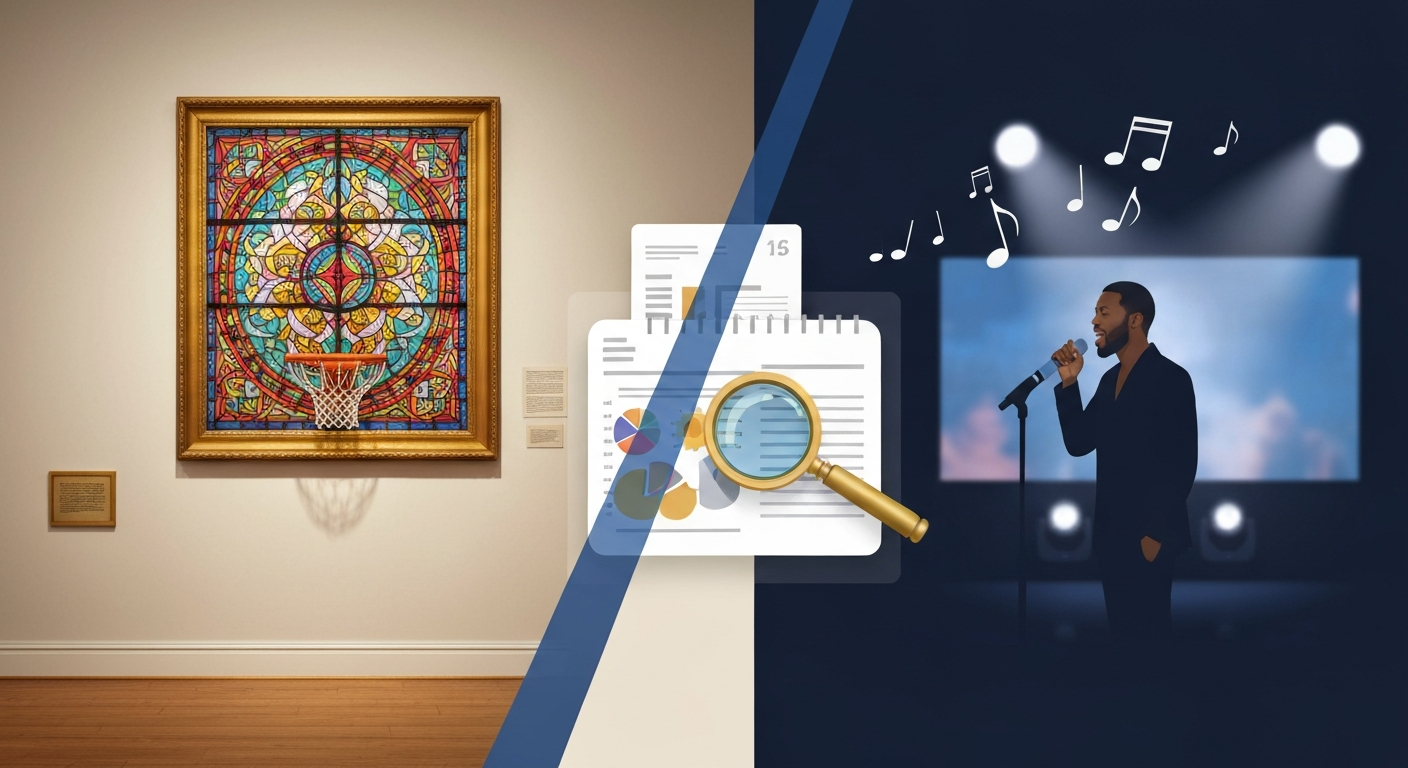 Conceptual split image combining a gallery display of a stained-glass basketball backboard and a TV-stage singer, overlaid with charts and a magnifying glass to suggest investigation of net worth.