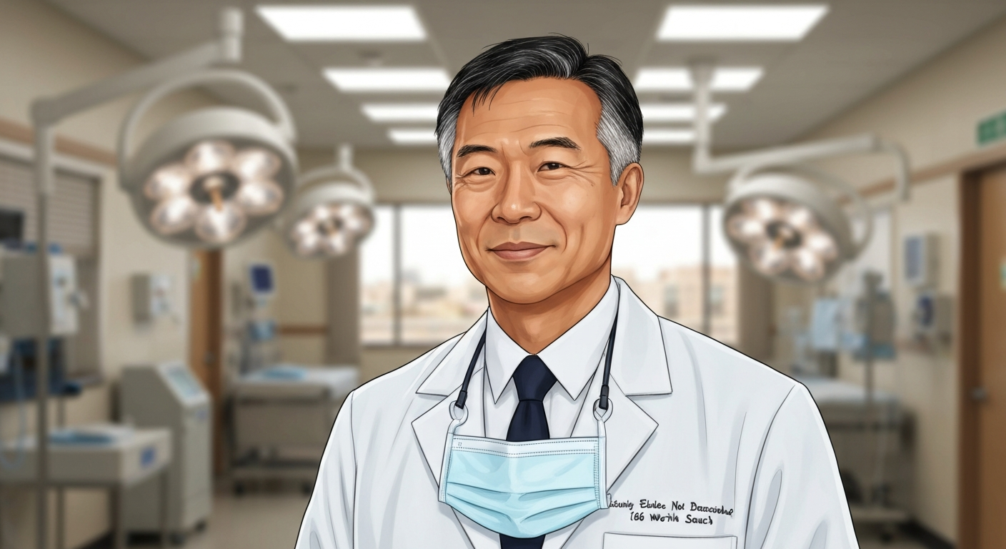 Illustration portrait of Dr Victor Chang in a hospital setting, wearing a white coat.