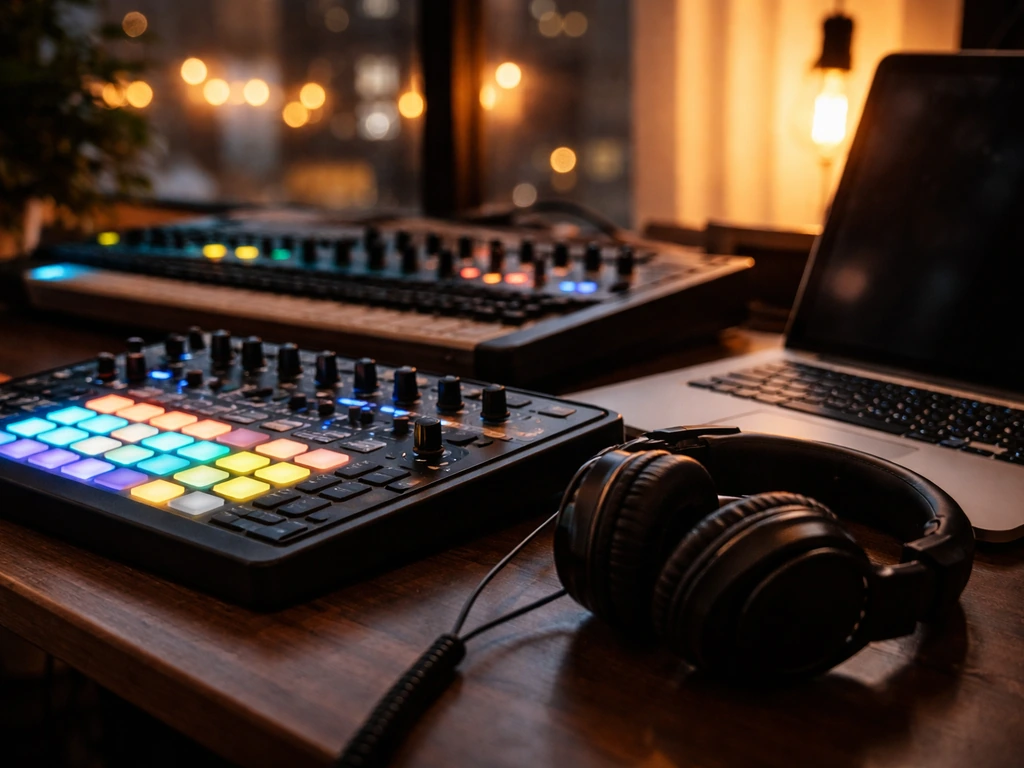 Anonymous electronic music studio desk with DJ headphones and synth equipment symbolizing a net worth topic