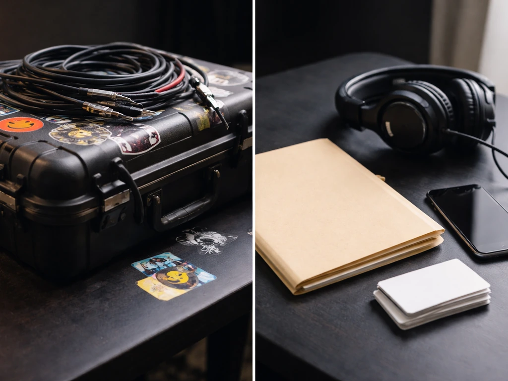Minimal split view: audio gear and blank identity cards beside headphones to symbolize stage vs full name.