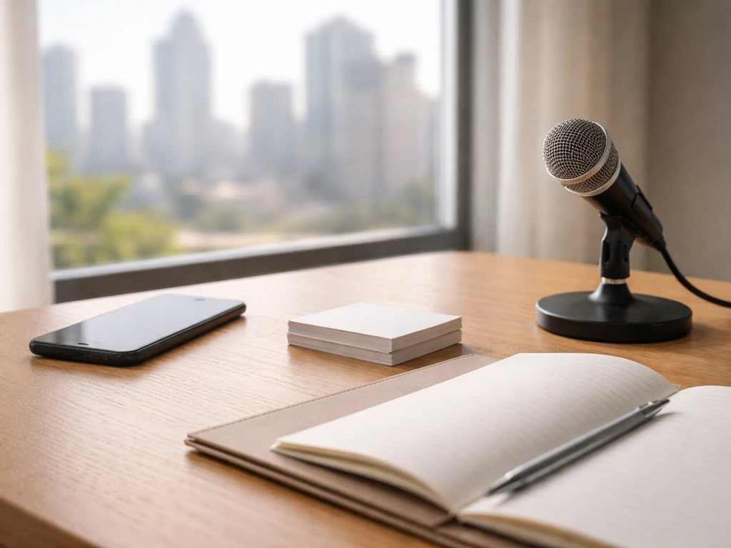 Minimal desk scene with smartphone, business cards, and a small microphone suggesting public business info sources