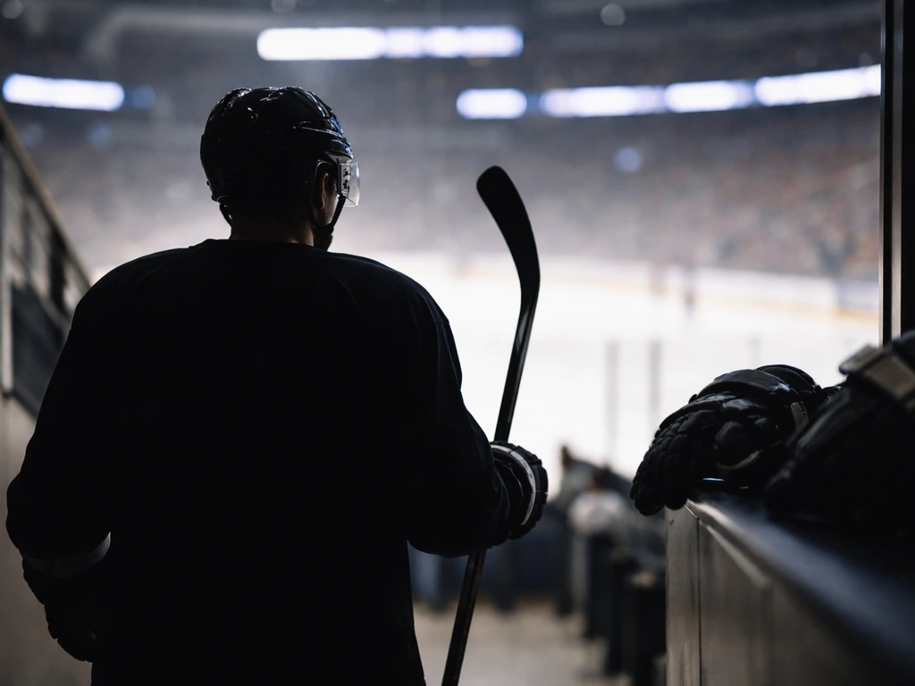 Blurry hockey arena action scene with anonymous player gear and a glowing rink in the background.