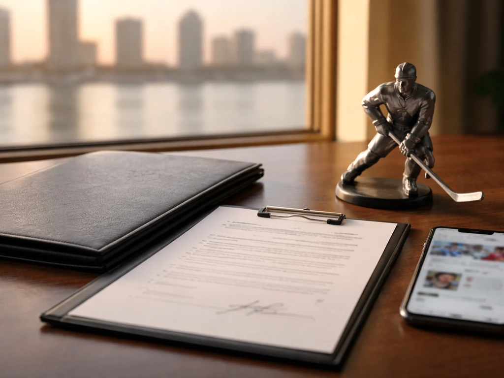 Minimal desk scene with contract folder, blank agreement, and a small hockey figurine beside a blurred phone.