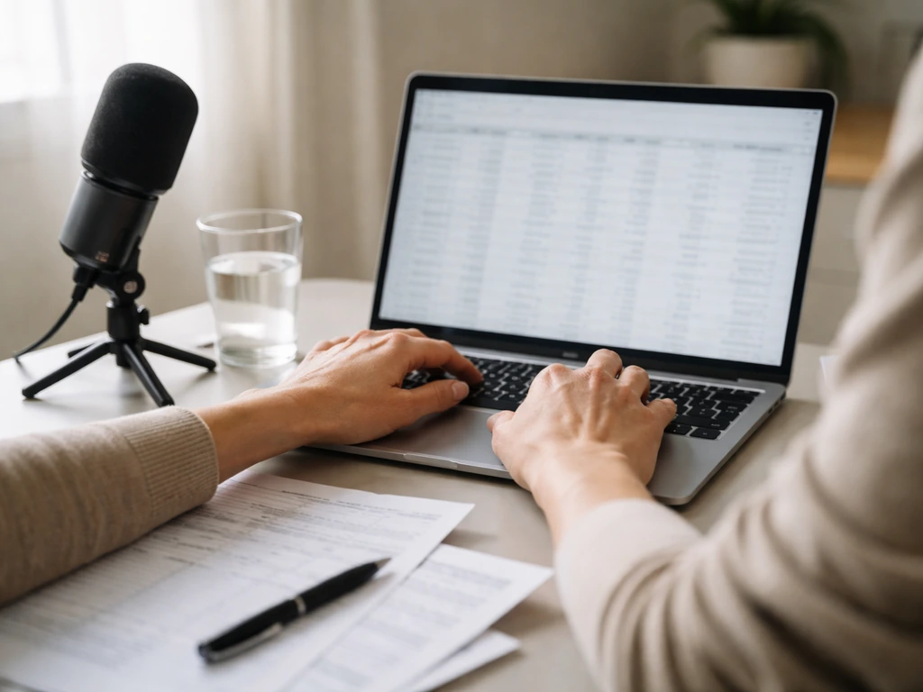 Person reviewing a laptop with anonymized contract-related numbers beside a microphone in a quiet home office.