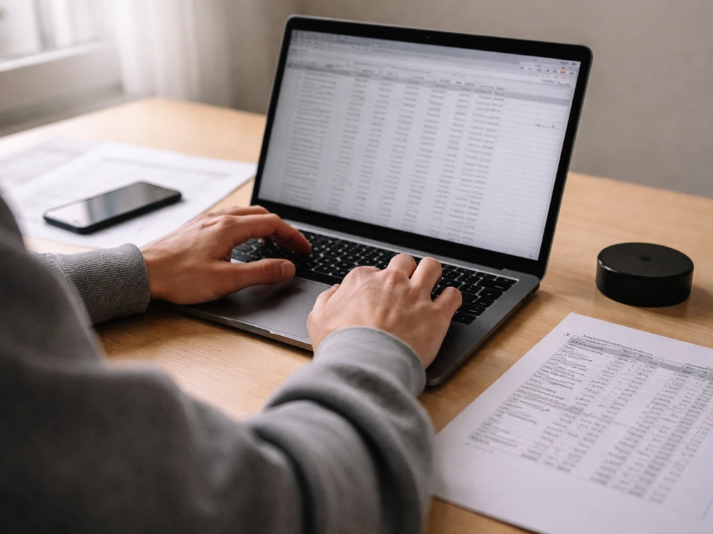 Anonymous hands updating a laptop with finance papers and a plain hockey puck on a tidy desk.